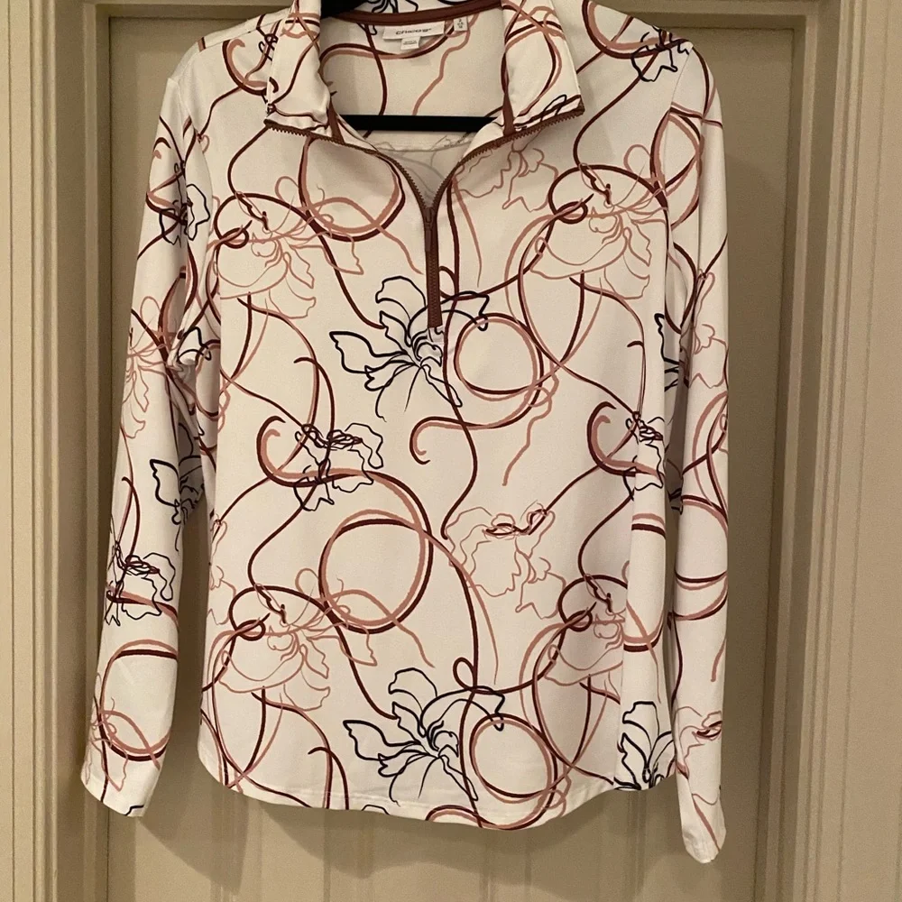 Chico's White and Brown Floral Long Sleeve Quarter Zip - Picture 1 of 2